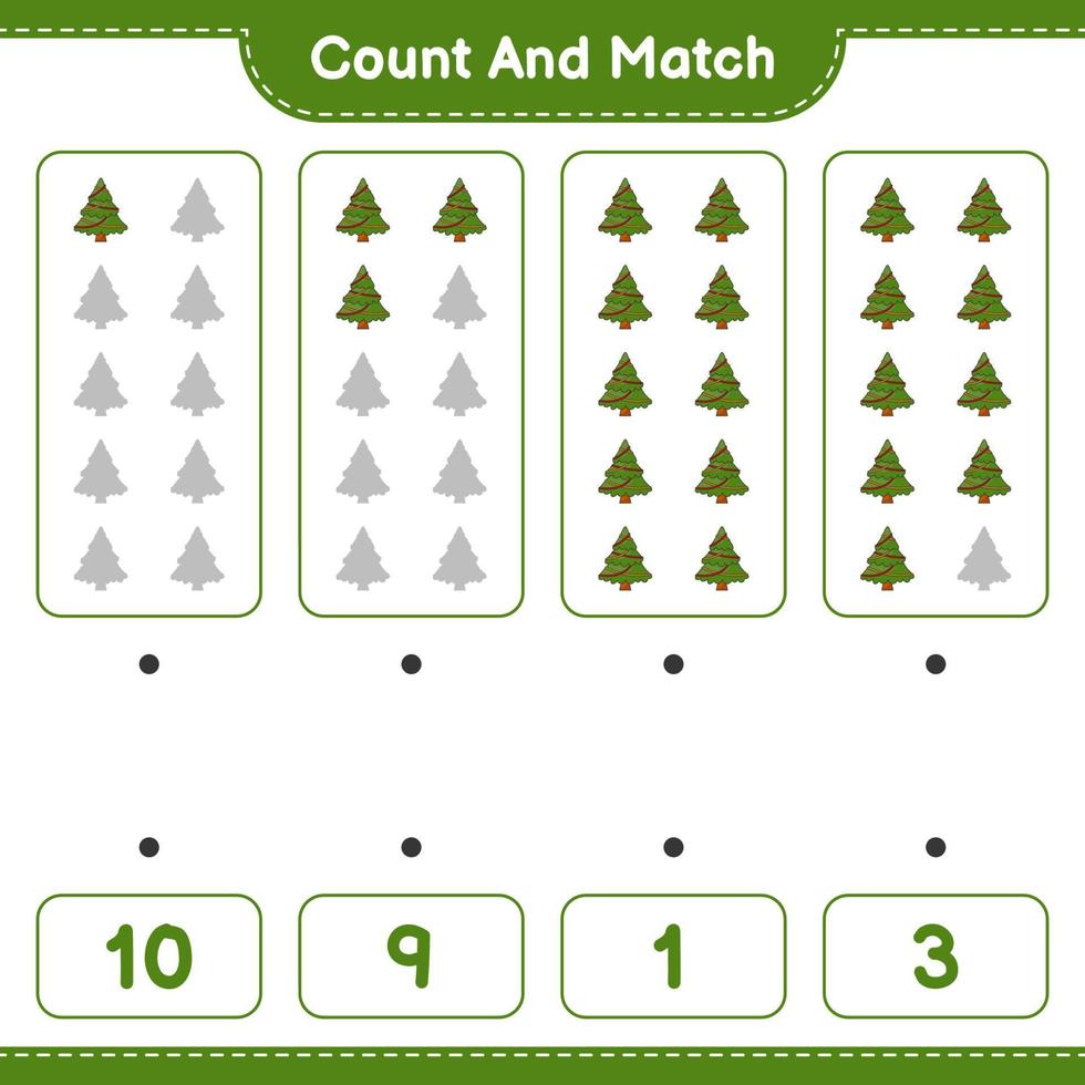 Count and match, count the number of Christmas Tree and match with the right numbers. Educational children game, printable worksheet, vector illustration