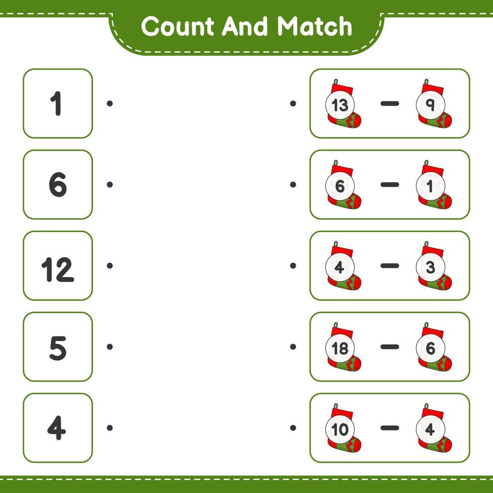 Count and match, count the number of Christmas Sock and match with the right numbers. Educational children game, printable worksheet, vector illustration