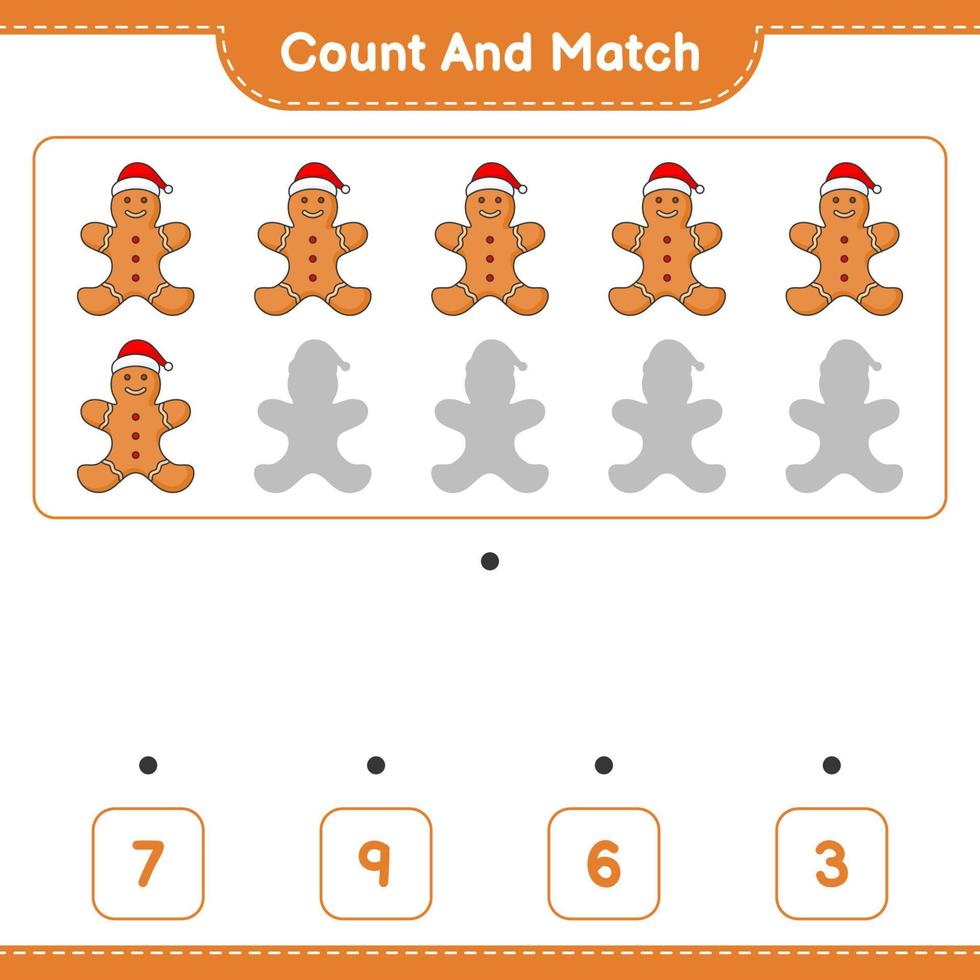 Count and match, count the number of Gingerbread Man and match with the right numbers. Educational children game, printable worksheet, vector illustration