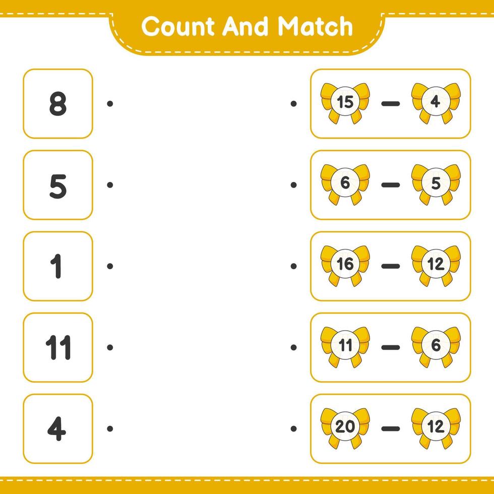 Count and match, count the number of Ribbon and match with the right numbers. Educational children game, printable worksheet, vector illustration