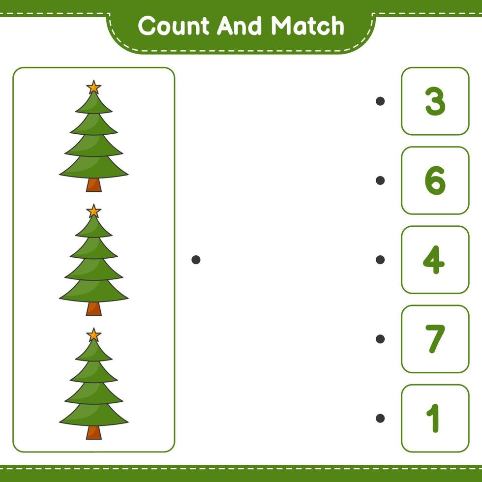 cuenta y empareja, cuenta el número de árboles de navidad y empareja con los números correctos. juego educativo para niños, hoja de cálculo imprimible, ilustración vectorial vector