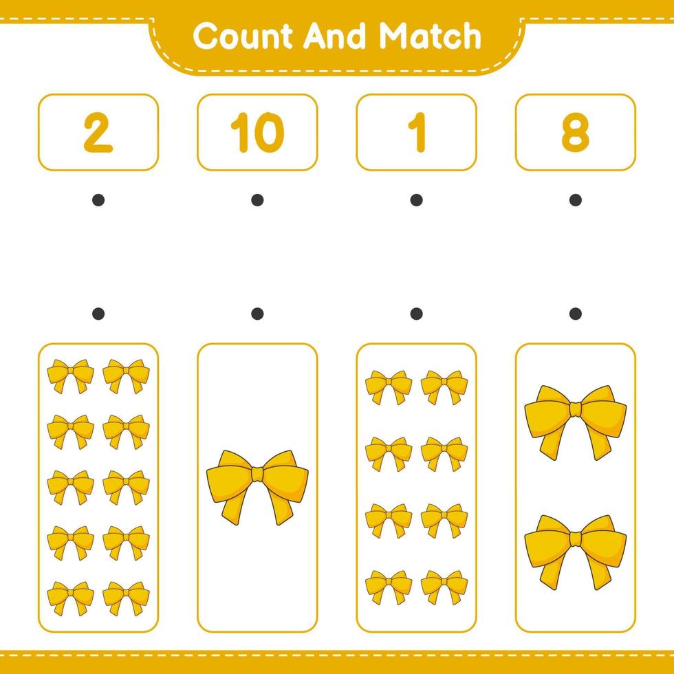 Count and match, count the number of Ribbon and match with the right numbers. Educational children game, printable worksheet, vector illustration