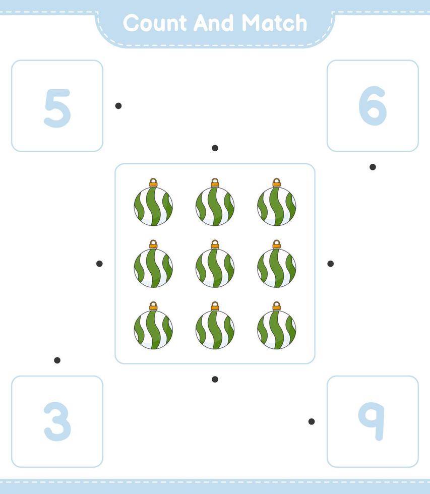 Count and match, count the number of Christmas Ball and match with the right numbers. Educational children game, printable worksheet, vector illustration