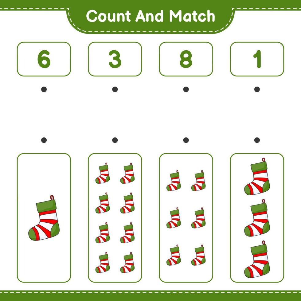 Count and match, count the number of Christmas Sock and match with the right numbers. Educational children game, printable worksheet, vector illustration