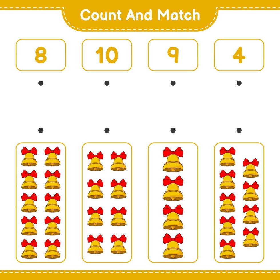 Count and match, count the number of Christmas Bell and match with the right numbers. Educational children game, printable worksheet, vector illustration