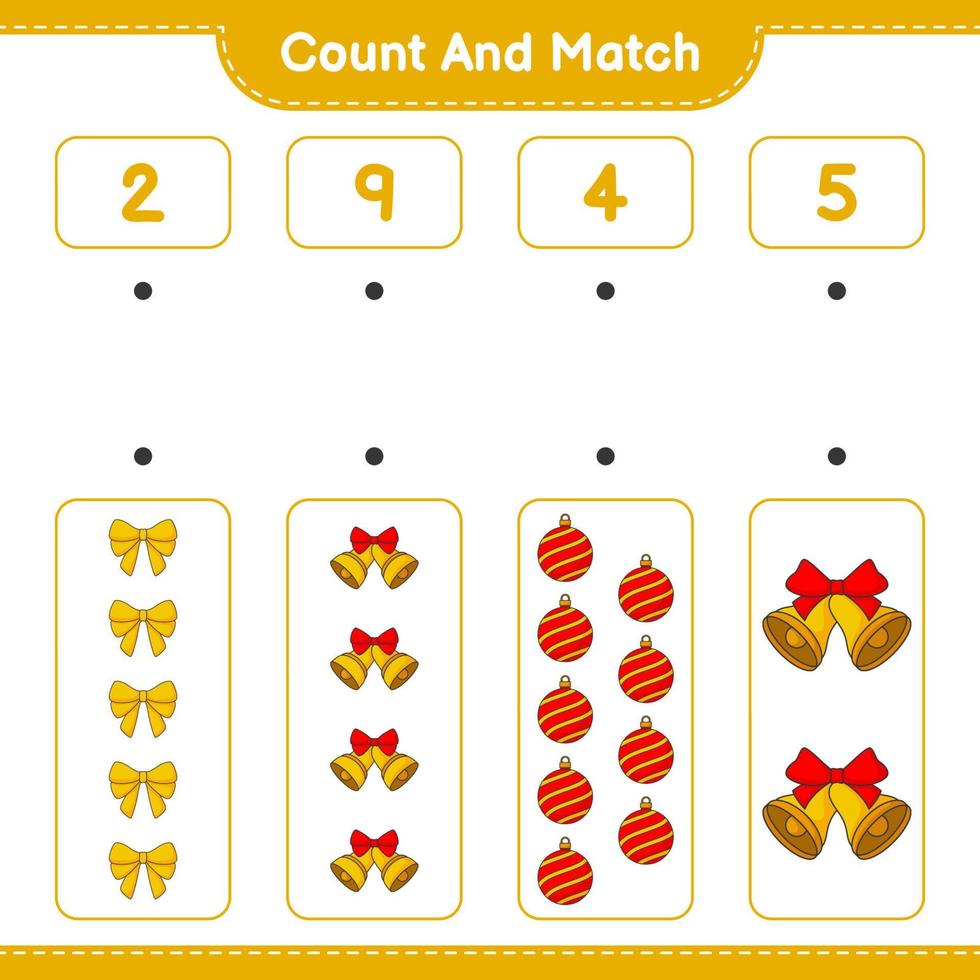 Count and match, count the number of Ribbon, Christmas Ball, Christmas Bell and match with the right numbers. Educational children game, printable worksheet, vector illustration