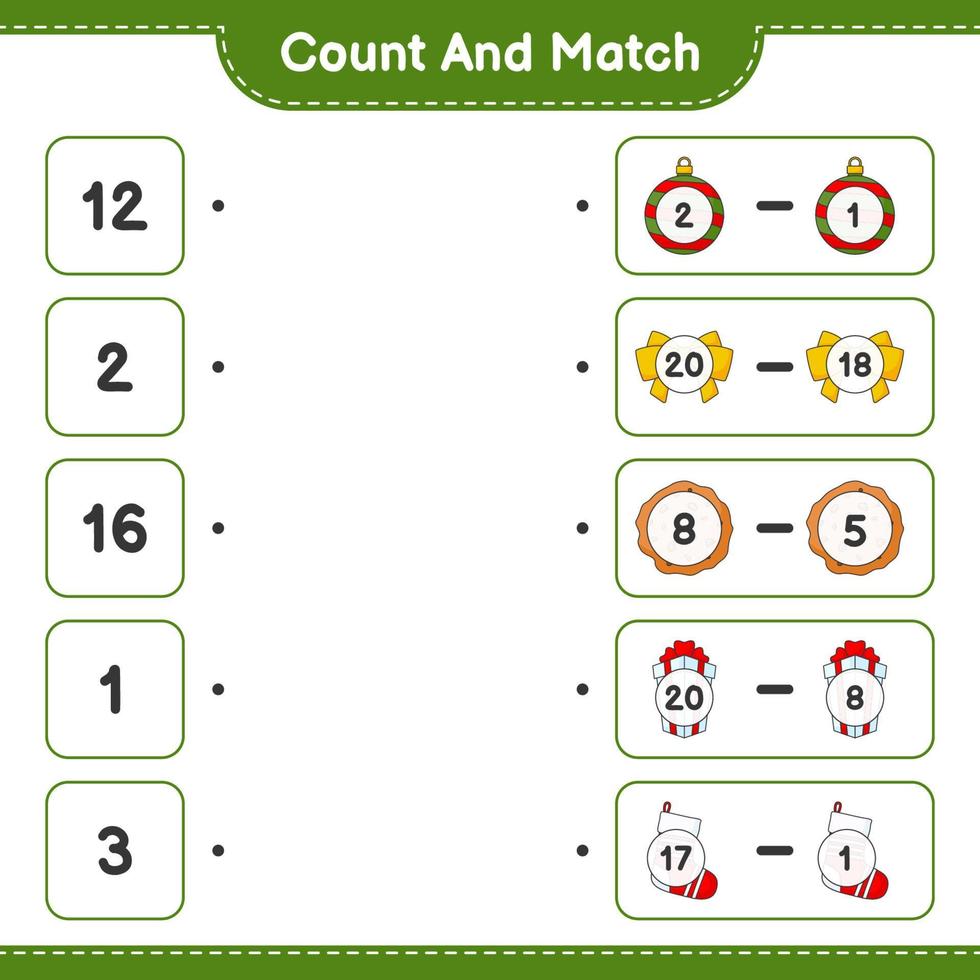 Count and match, count the number of Gift Box, Sock, Christmas Ball, Ribbon, Cookies and match with the right numbers. Educational children game, printable worksheet, vector illustration