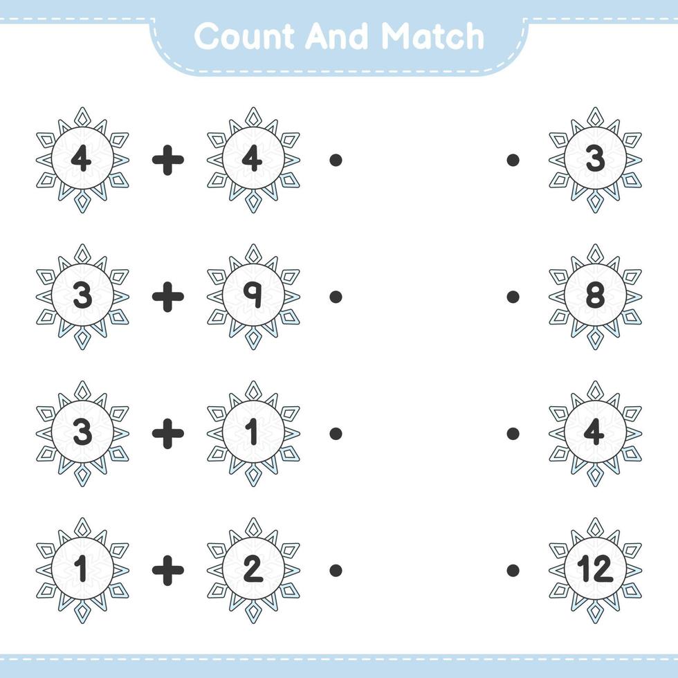 Count and match, count the number of Snowflake and match with the right numbers. Educational children game, printable worksheet, vector illustration