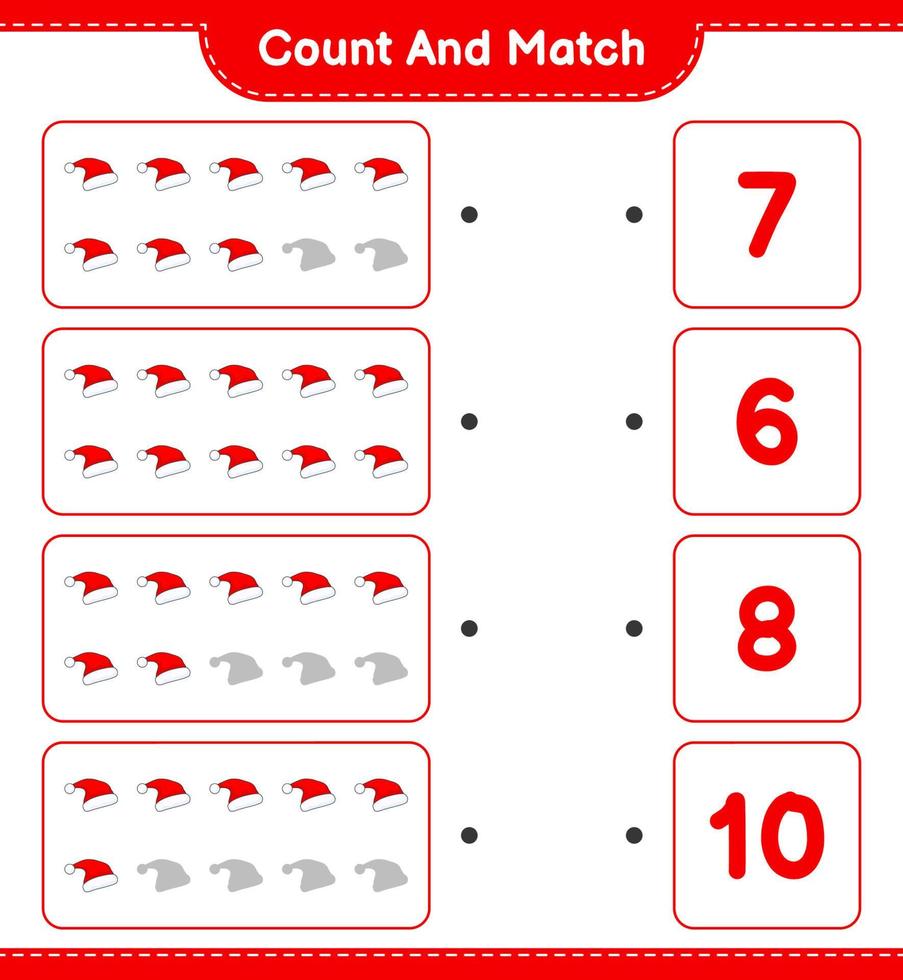 Count and match, count the number of Santa Hat and match with the right numbers. Educational children game, printable worksheet, vector illustration