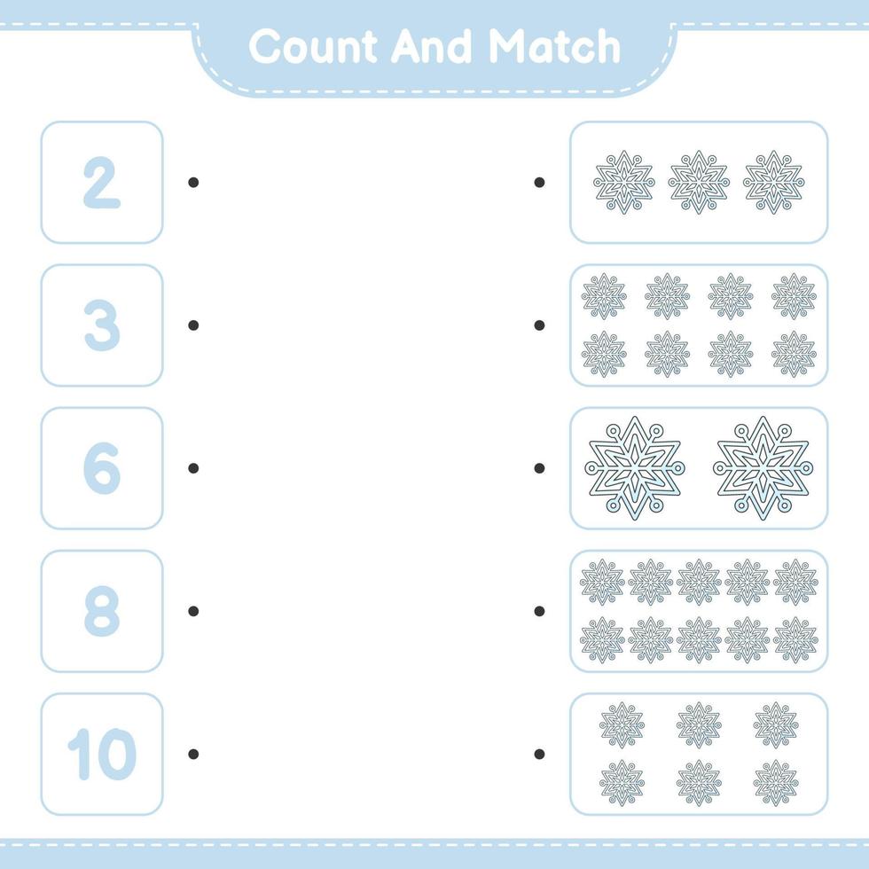 cuenta y empareja, cuenta el número de copos de nieve y empareja con los números correctos. juego educativo para niños, hoja de cálculo imprimible, ilustración vectorial vector