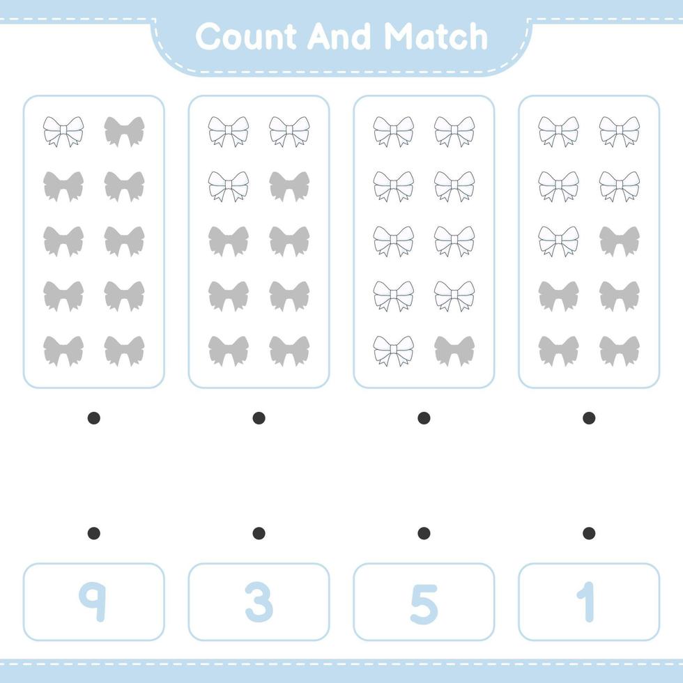 Count and match, count the number of Ribbon and match with the right numbers. Educational children game, printable worksheet, vector illustration