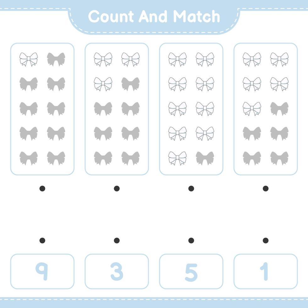 cuenta y empareja, cuenta el número de cintas y empareja con los números correctos. juego educativo para niños, hoja de cálculo imprimible, ilustración vectorial vector