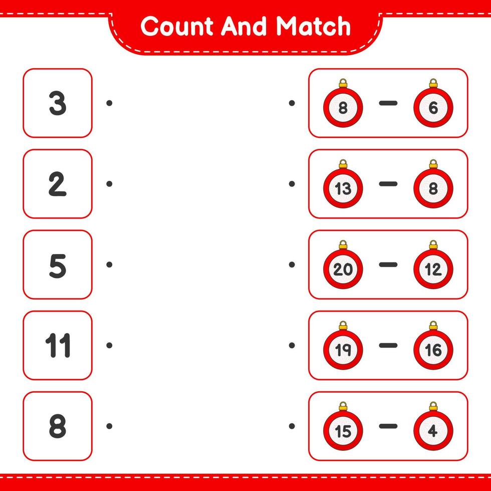 Count and match, count the number of Christmas Ball and match with the right numbers. Educational children game, printable worksheet, vector illustration