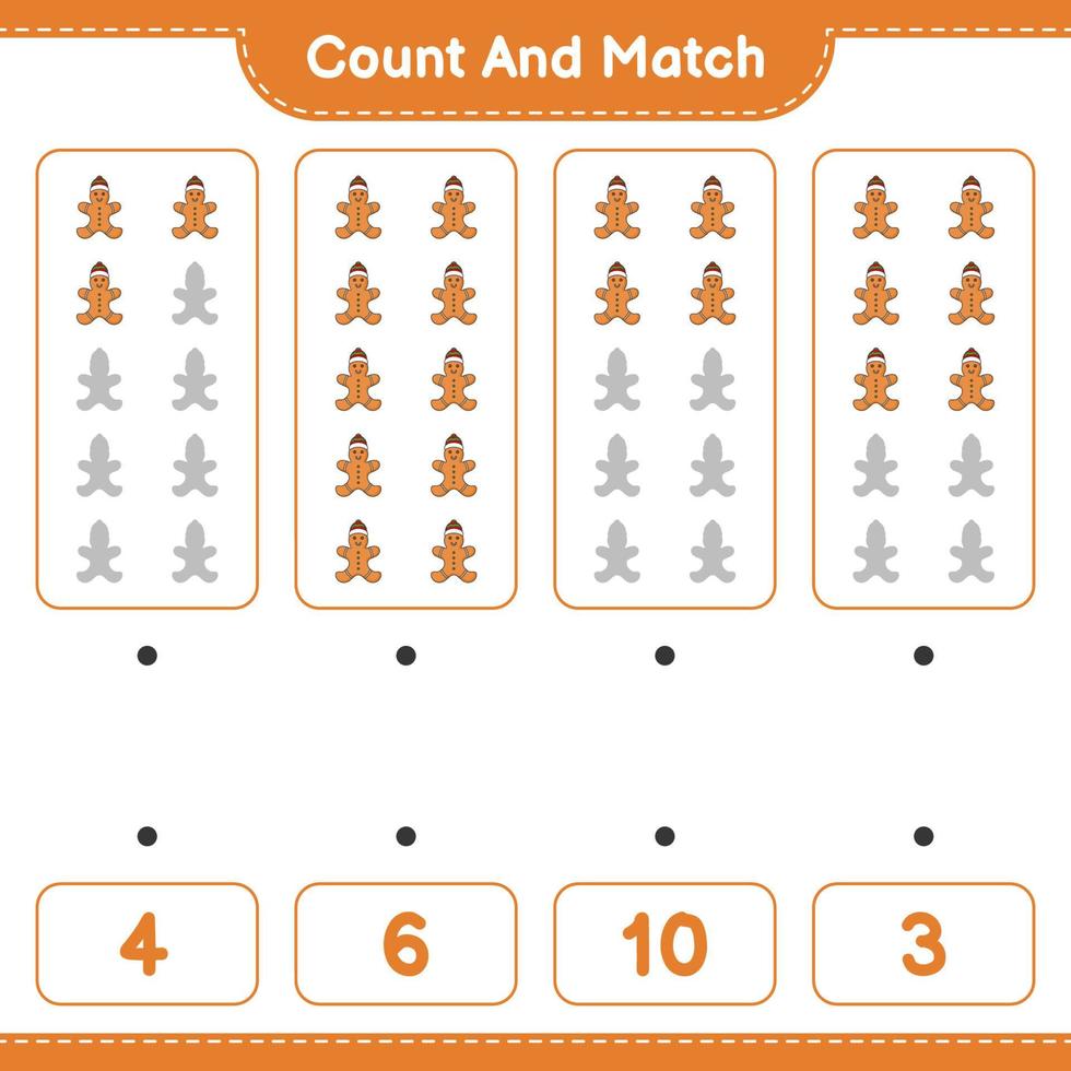 Count and match, count the number of Gingerbread Man and match with the right numbers. Educational children game, printable worksheet, vector illustration