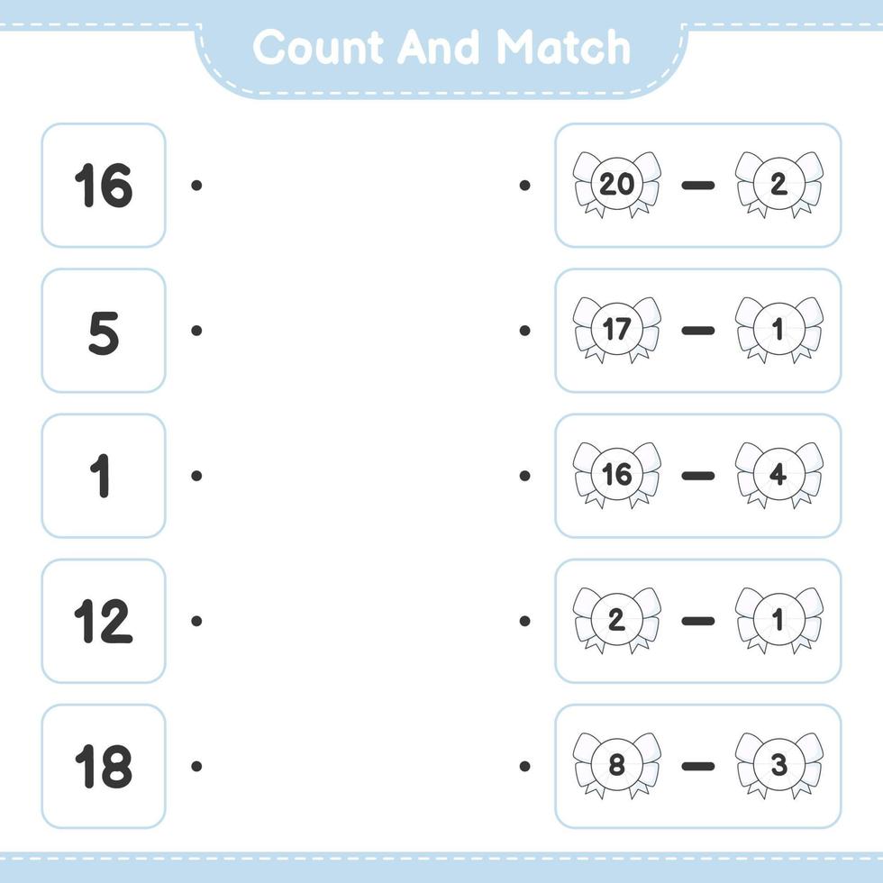 cuenta y empareja, cuenta el número de cintas y empareja con los números correctos. juego educativo para niños, hoja de cálculo imprimible, ilustración vectorial vector