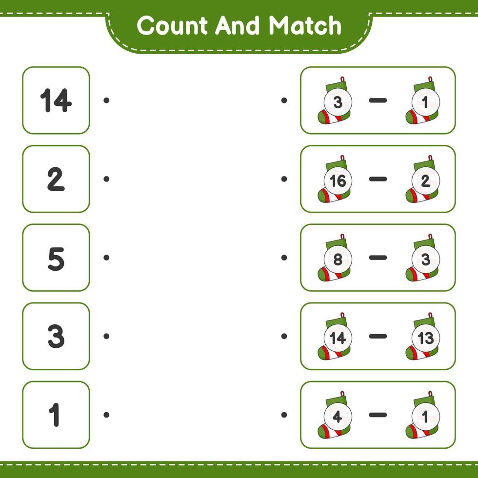 Count and match, count the number of Christmas Sock and match with the right numbers. Educational children game, printable worksheet, vector illustration