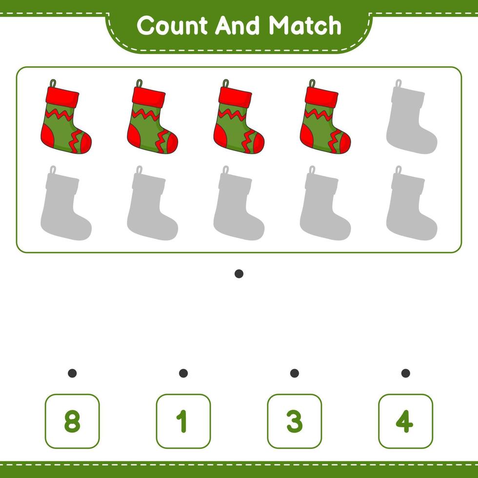Count and match, count the number of Christmas Sock and match with the right numbers. Educational children game, printable worksheet, vector illustration