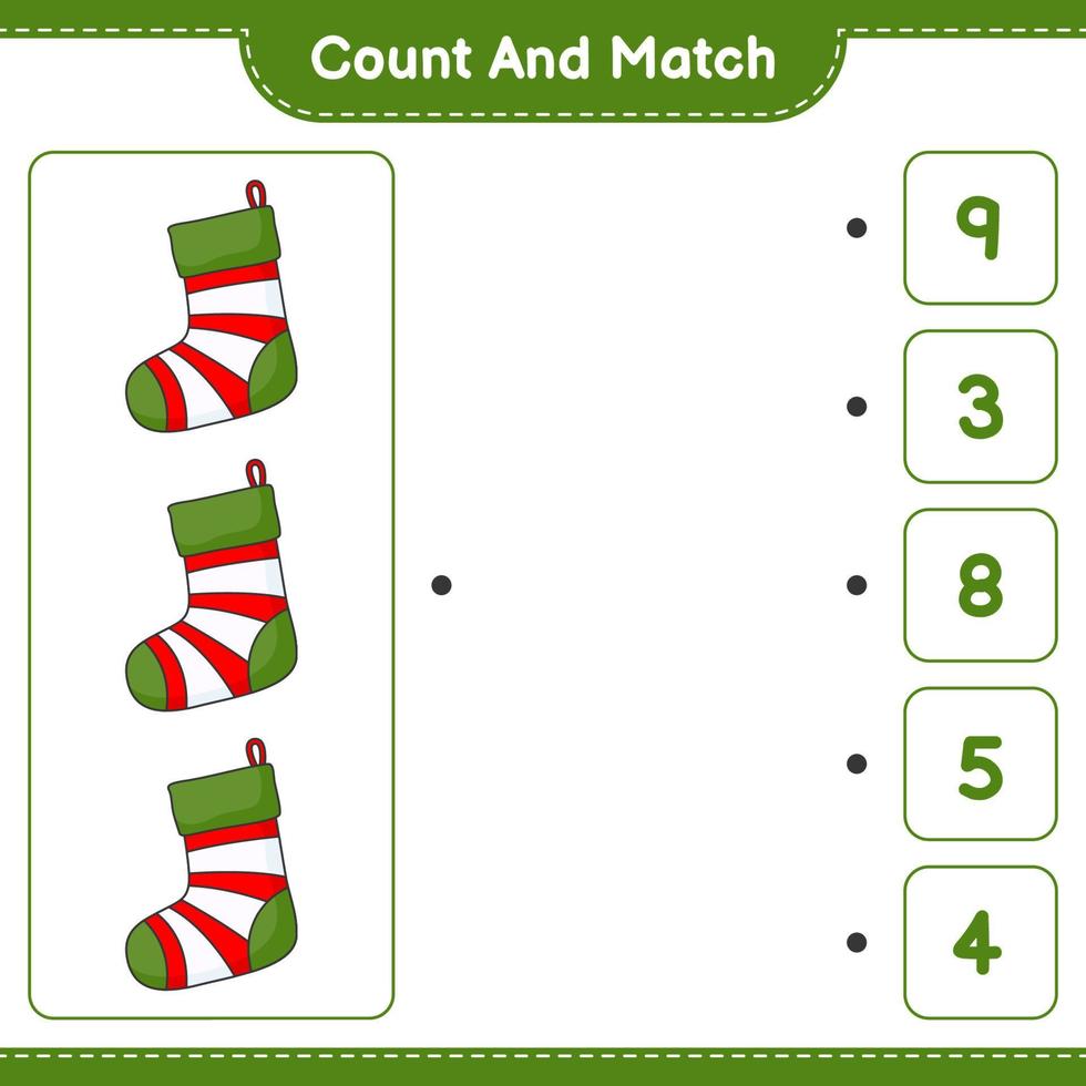 cuente y combine, cuente el número de calcetín navideño y combine con los números correctos. juego educativo para niños, hoja de cálculo imprimible, ilustración vectorial vector