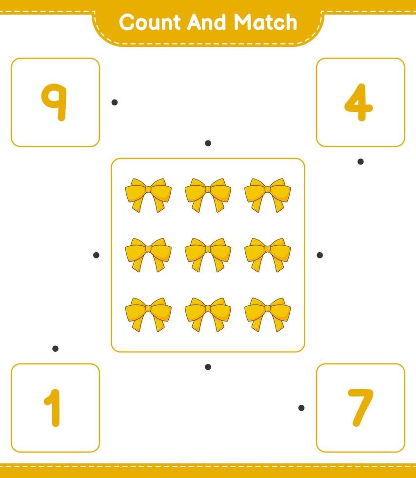 Count and match, count the number of Ribbon and match with the right numbers. Educational children game, printable worksheet, vector illustration