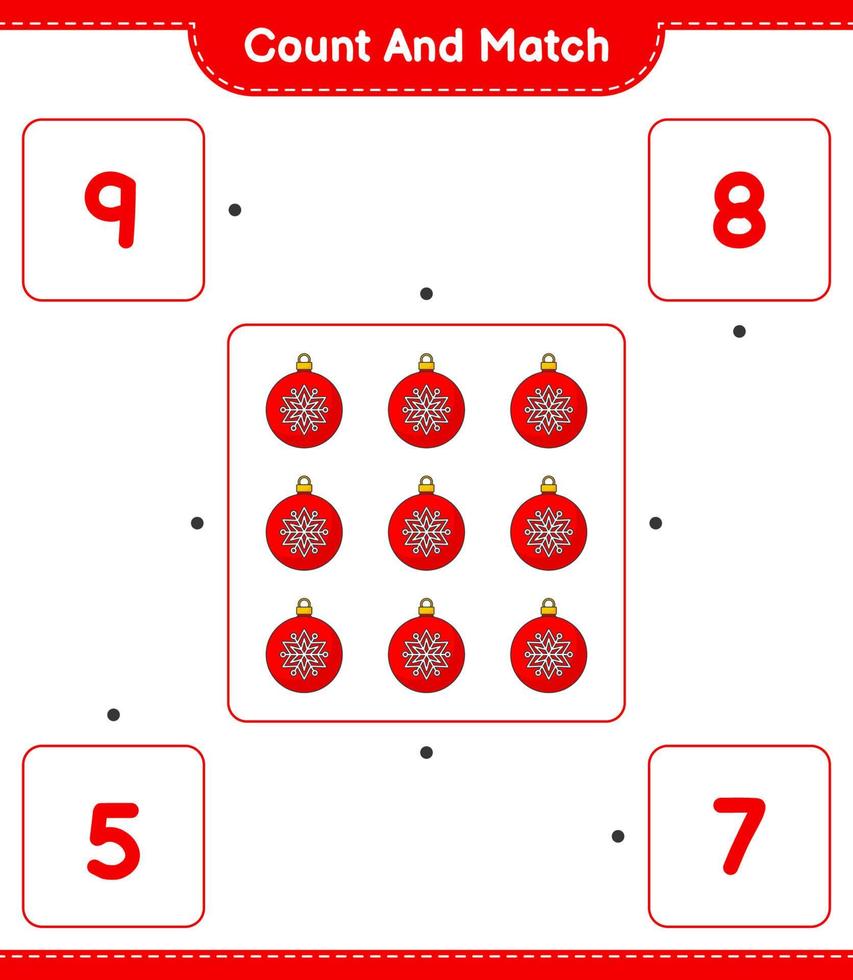 Count and match, count the number of Christmas Ball and match with the right numbers. Educational children game, printable worksheet, vector illustration