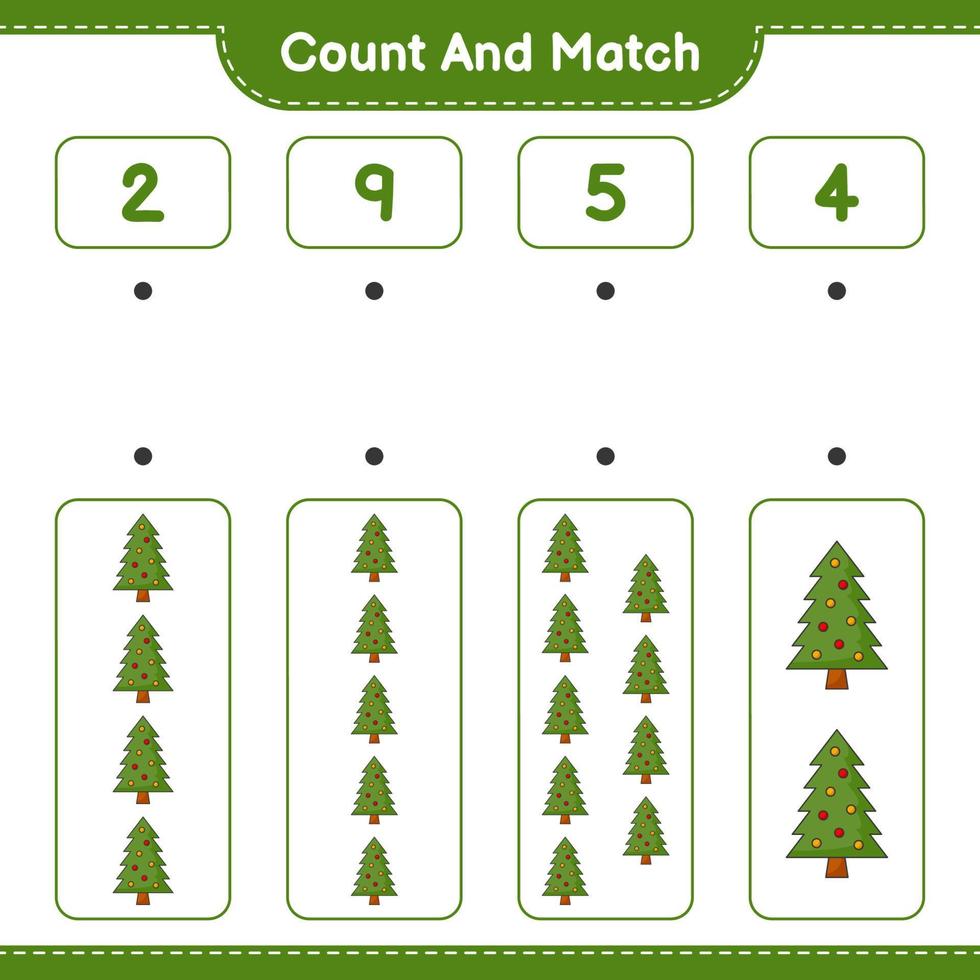 Count and match, count the number of Christmas Tree and match with the right numbers. Educational children game, printable worksheet, vector illustration