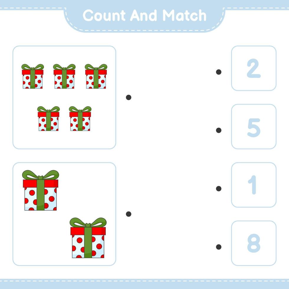 Count and match, count the number of Gift Box and match with the right numbers. Educational children game, printable worksheet, vector illustration