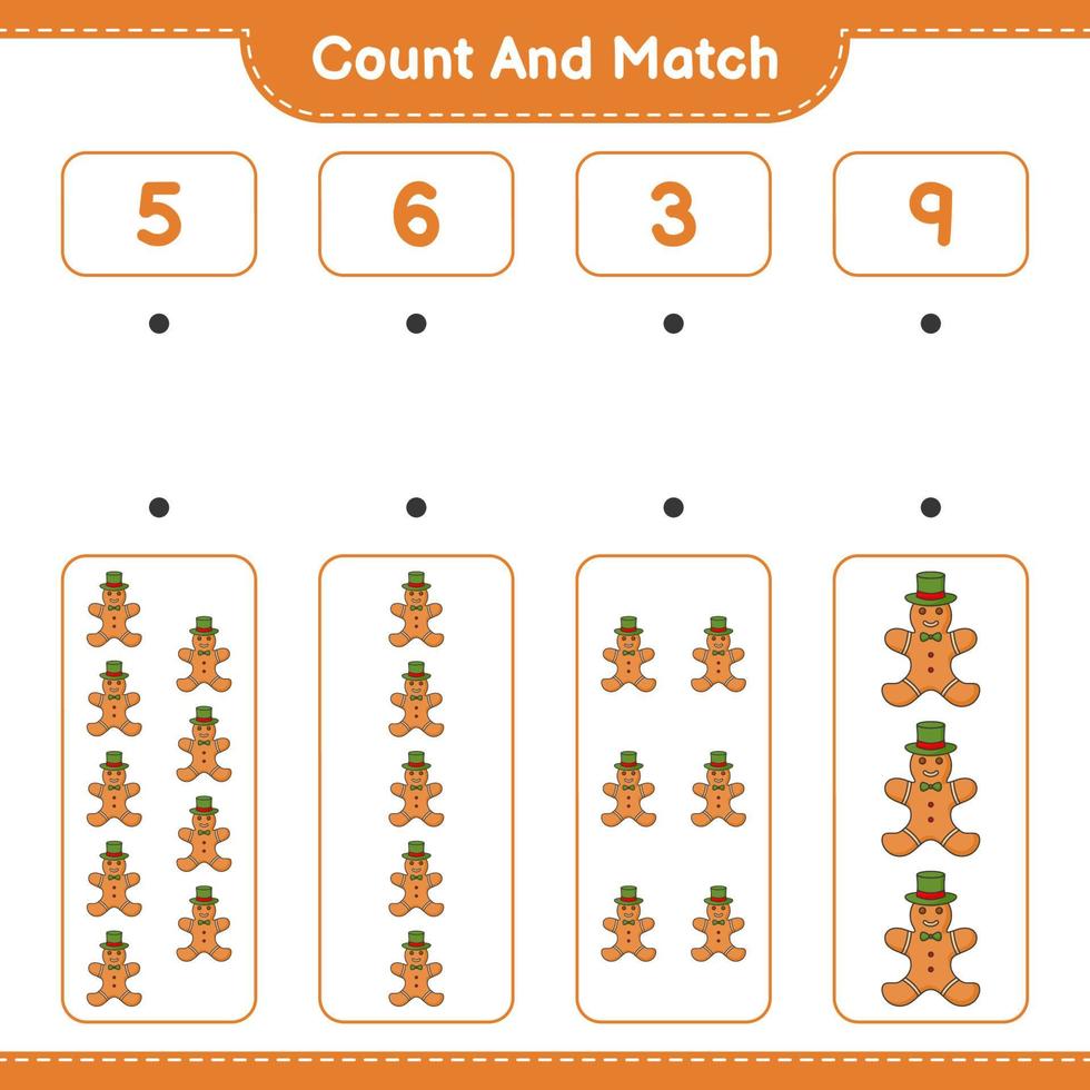 Count and match, count the number of Gingerbread Man and match with the right numbers. Educational children game, printable worksheet, vector illustration