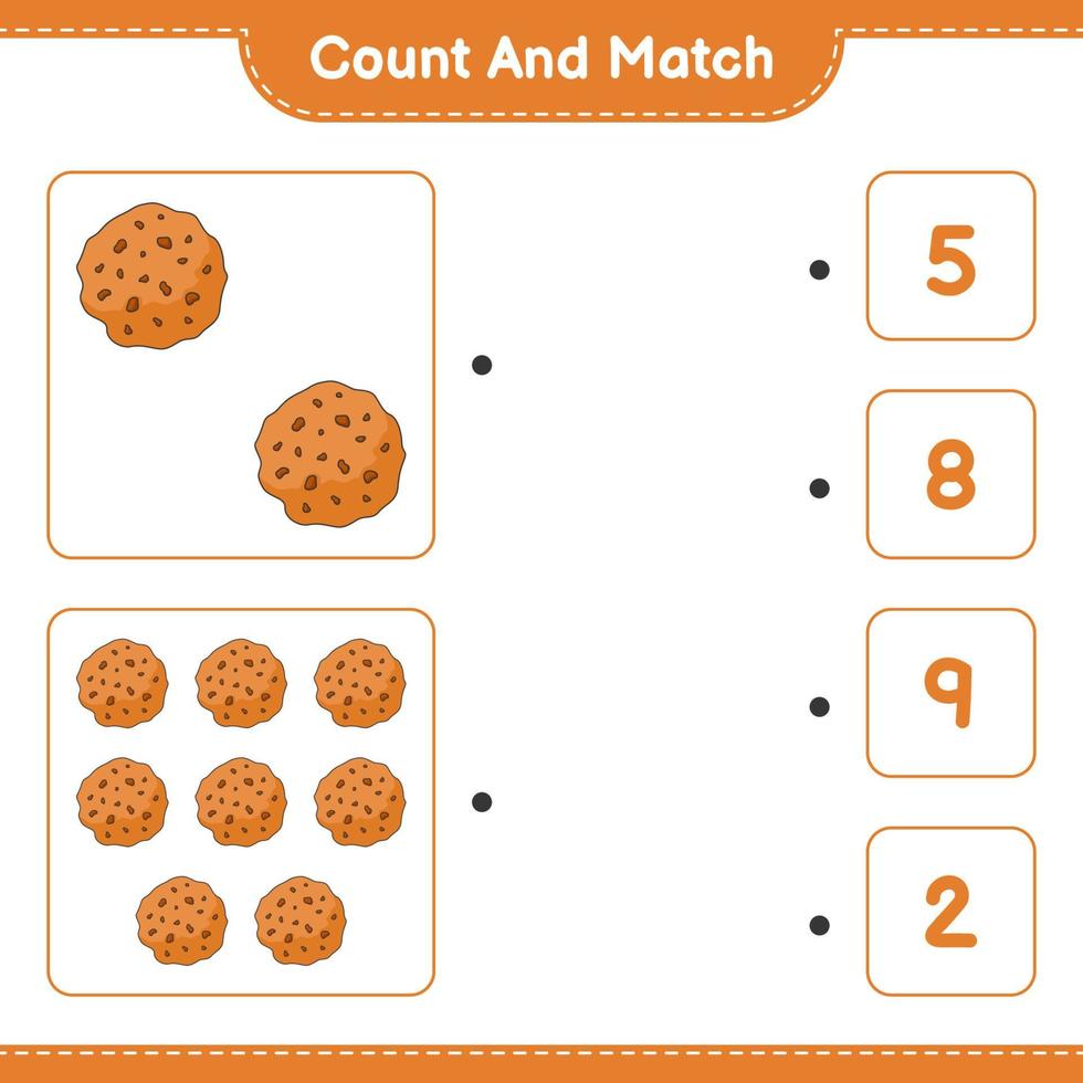 Count and match, count the number of Cookie and match with the right numbers. Educational children game, printable worksheet, vector illustration