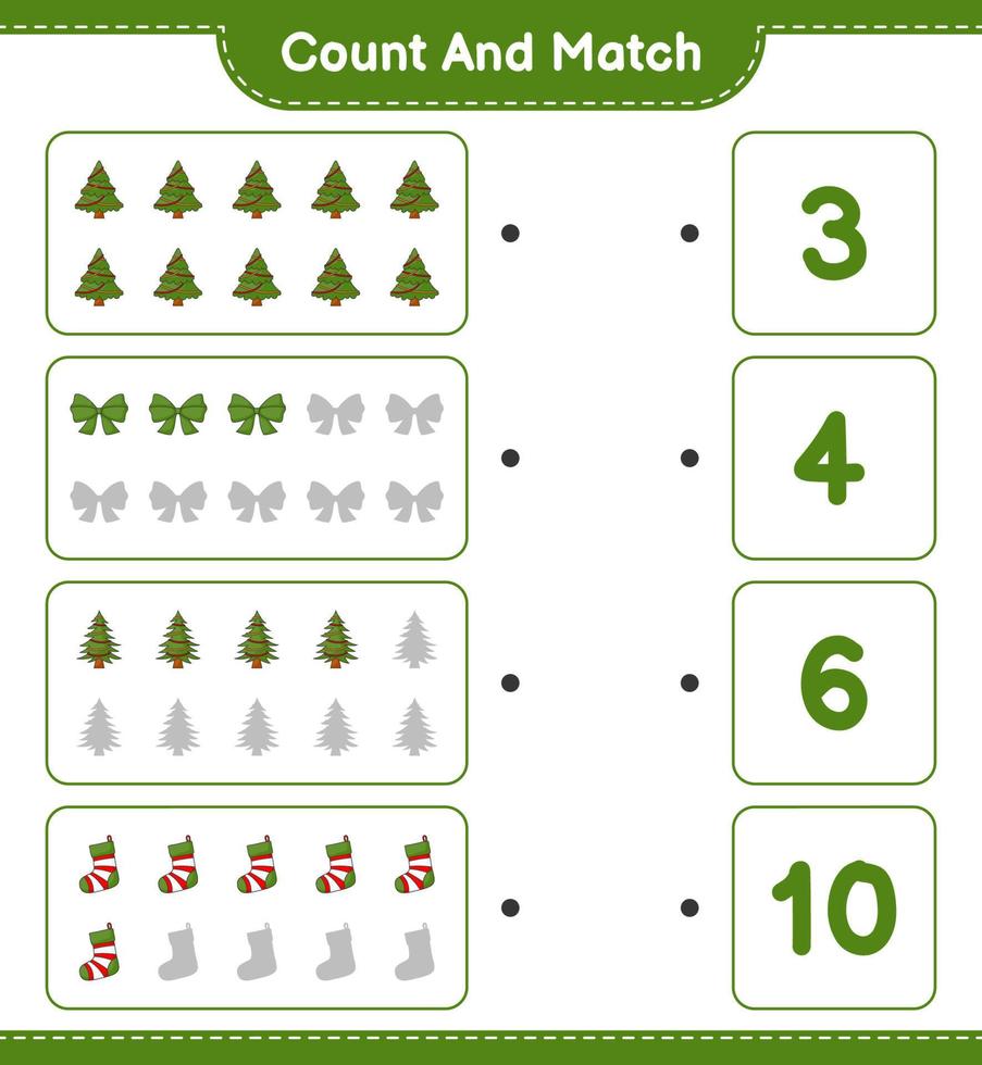 Count and match, count the number of Christmas Tree, Ribbon, Christmas Sock and match with the right numbers. Educational children game, printable worksheet, vector illustration