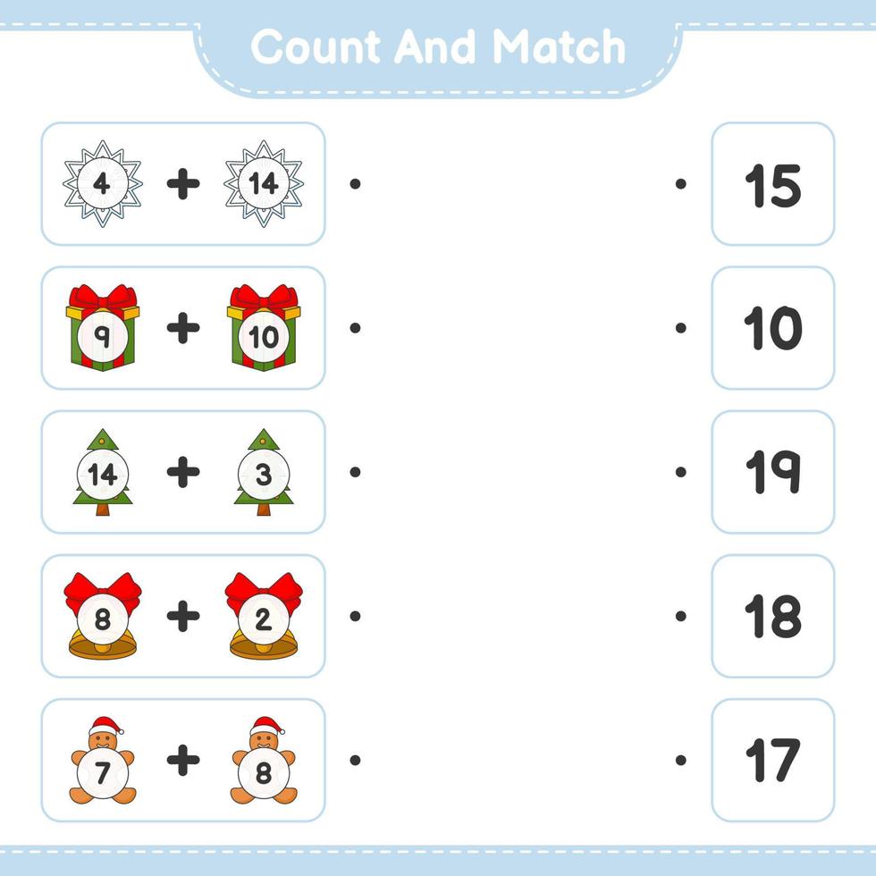 Count and match, count the number of Snowflake, Gift Box, Tree, Christmas Bell, Gingerbread Man and match with the right numbers. Educational children game, printable worksheet, vector illustration