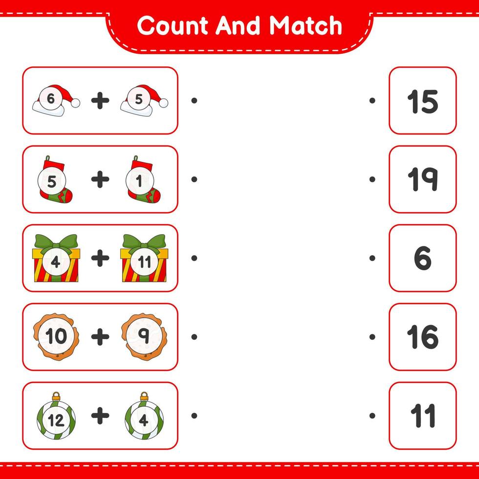 Count and match, count the number of Christmas Ball, Hat, Sock, Gift Box, Cookies and match with the right numbers. Educational children game, printable worksheet, vector illustration