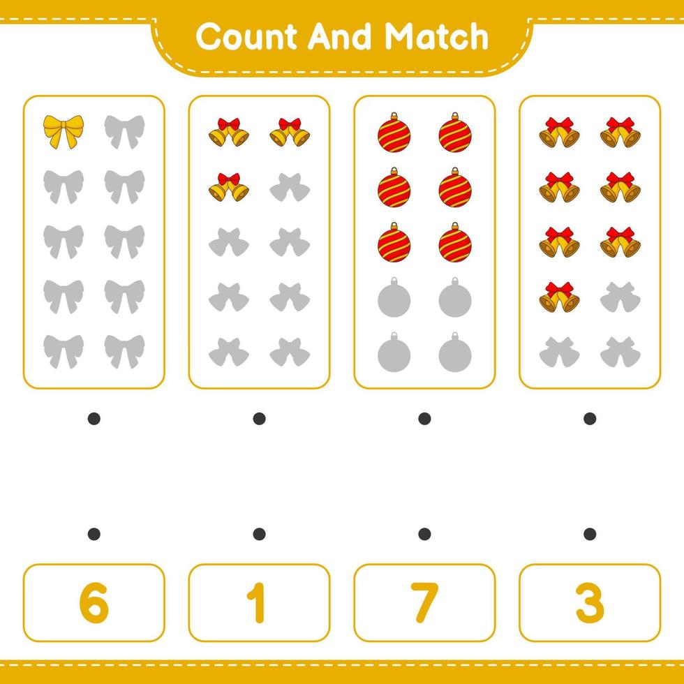 Count and match, count the number of Ribbon, Christmas Ball, Christmas Bell and match with the right numbers. Educational children game, printable worksheet, vector illustration