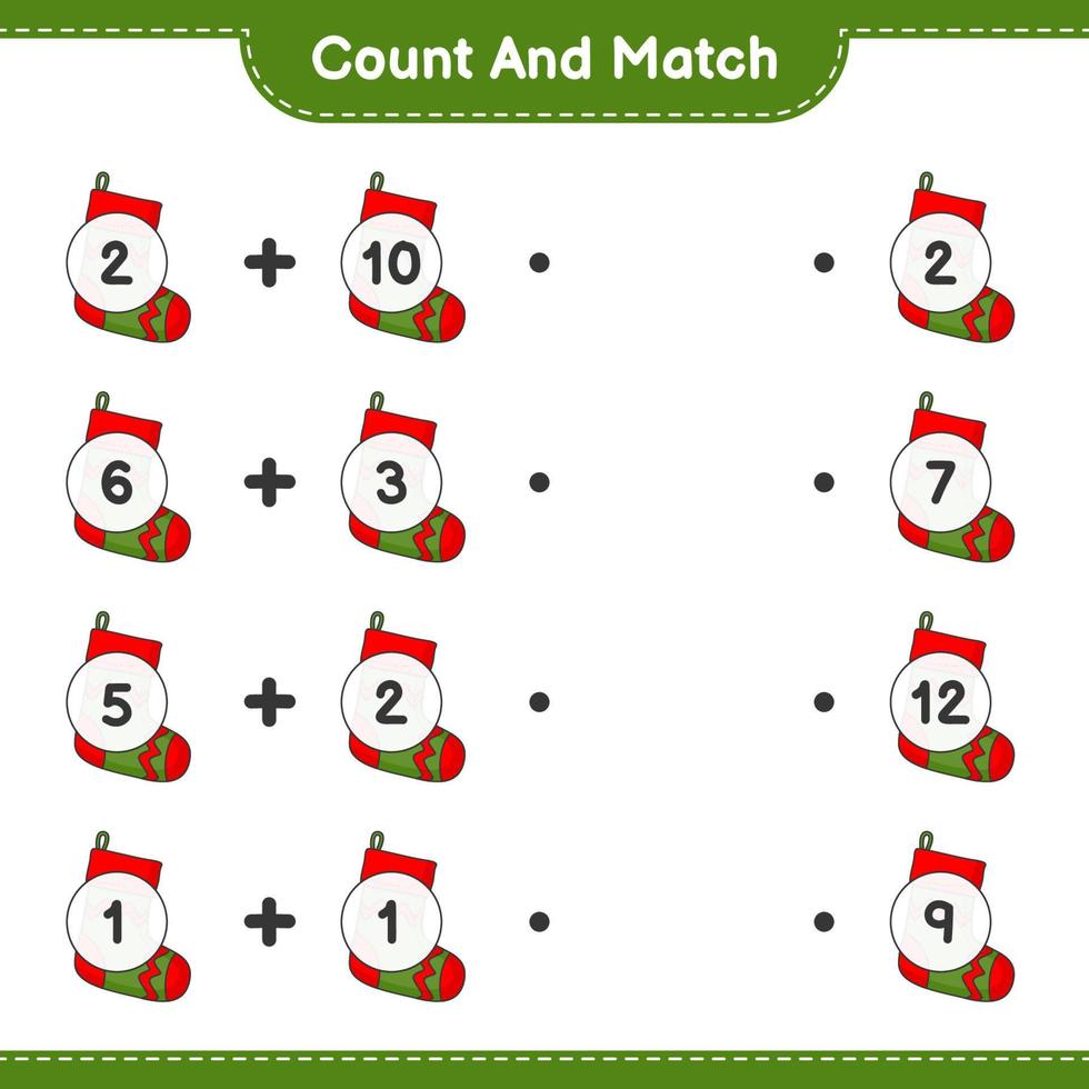 Count and match, count the number of Christmas Sock and match with the right numbers. Educational children game, printable worksheet, vector illustration