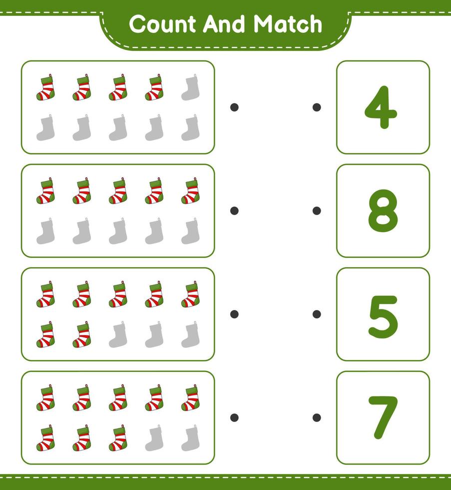 Count and match, count the number of Christmas Sock and match with the right numbers. Educational children game, printable worksheet, vector illustration