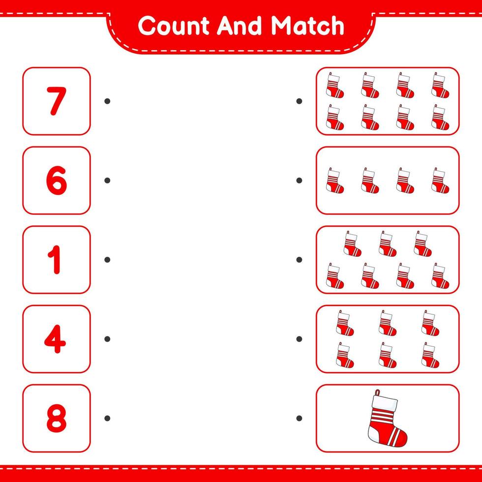 Count and match, count the number of Christmas Sock and match with the right numbers. Educational children game, printable worksheet, vector illustration