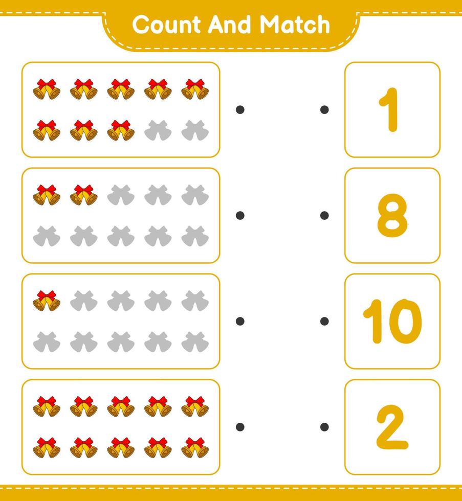 Count and match, count the number of Christmas Bell and match with the right numbers. Educational children game, printable worksheet, vector illustration