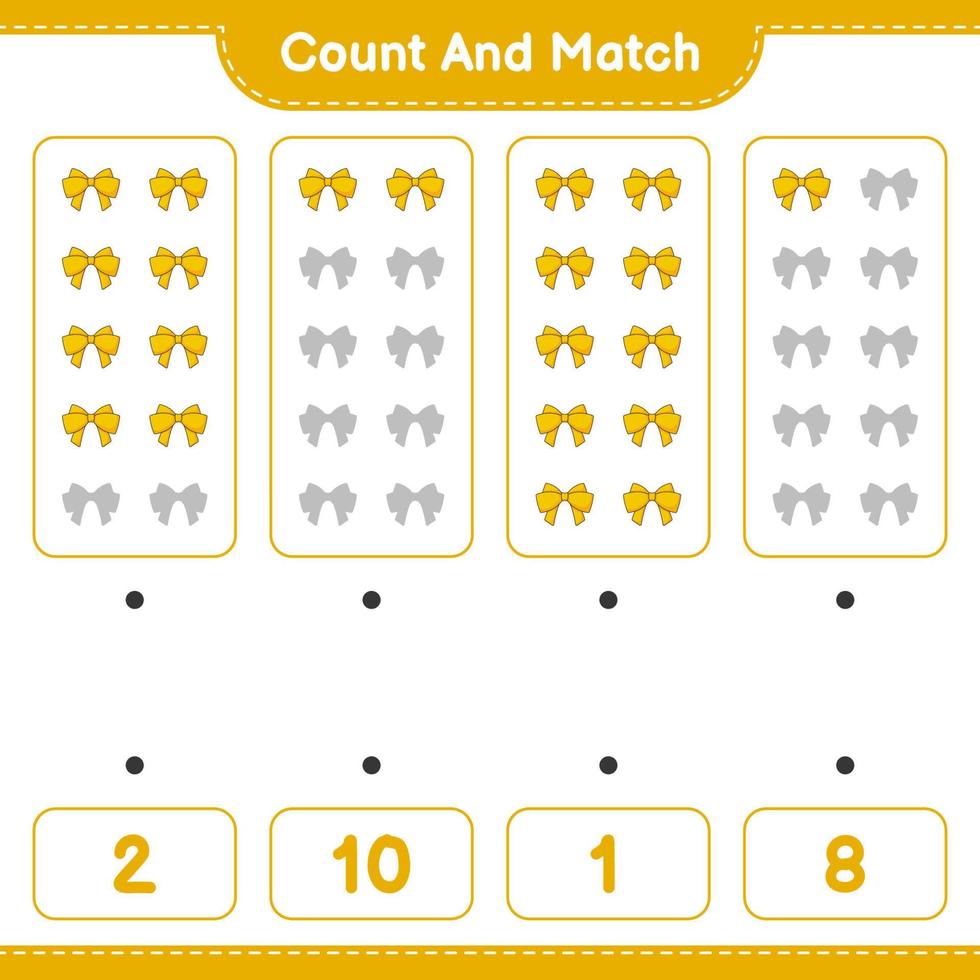 Count and match, count the number of Ribbon and match with the right numbers. Educational children game, printable worksheet, vector illustration