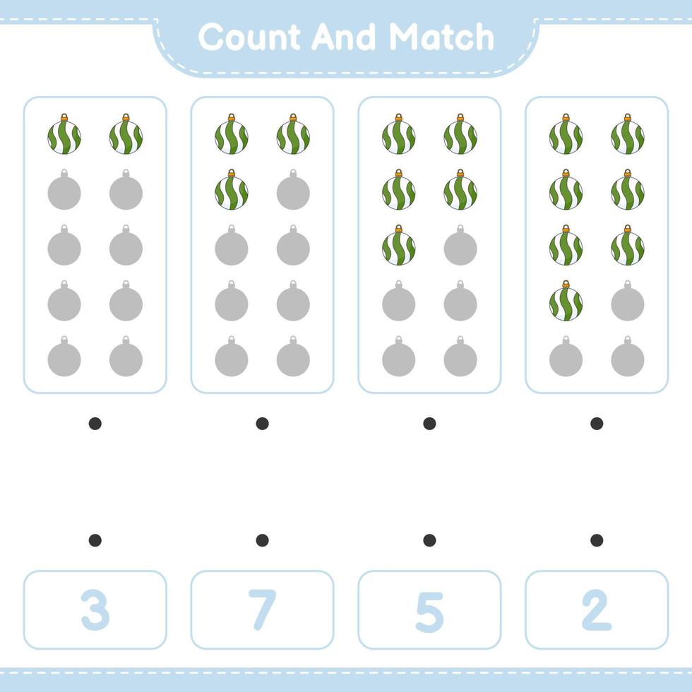 Count and match, count the number of Christmas Ball and match with the right numbers. Educational children game, printable worksheet, vector illustration