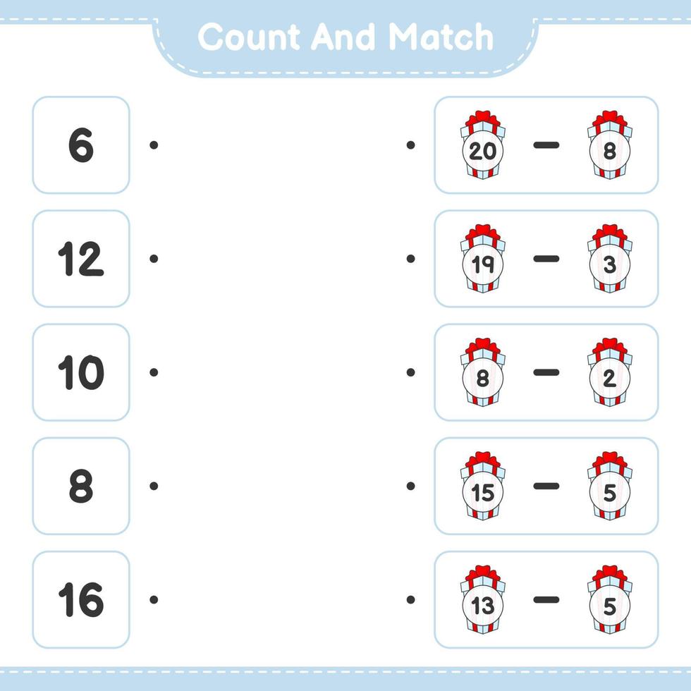 Count and match, count the number of Gift Box and match with the right numbers. Educational children game, printable worksheet, vector illustration