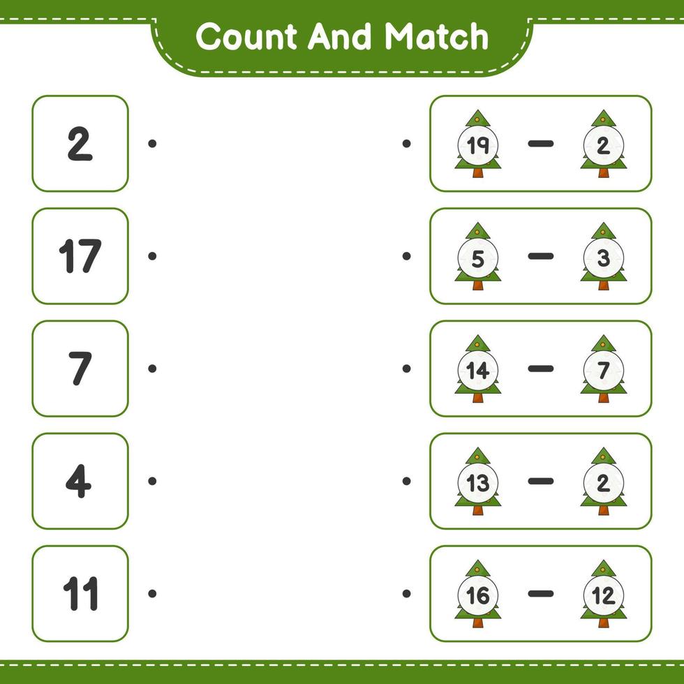 Count and match, count the number of Christmas Tree and match with the right numbers. Educational children game, printable worksheet, vector illustration