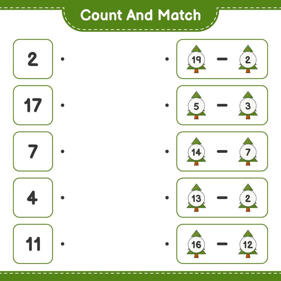 cuenta y empareja, cuenta el número de árboles de navidad y empareja con los números correctos. juego educativo para niños, hoja de cálculo imprimible, ilustración vectorial vector