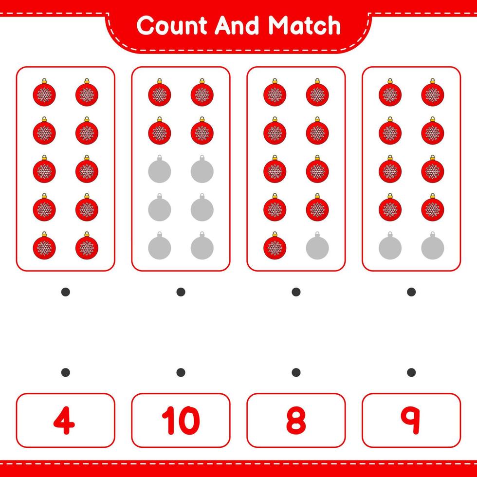 Count and match, count the number of Christmas Ball and match with the right numbers. Educational children game, printable worksheet, vector illustration