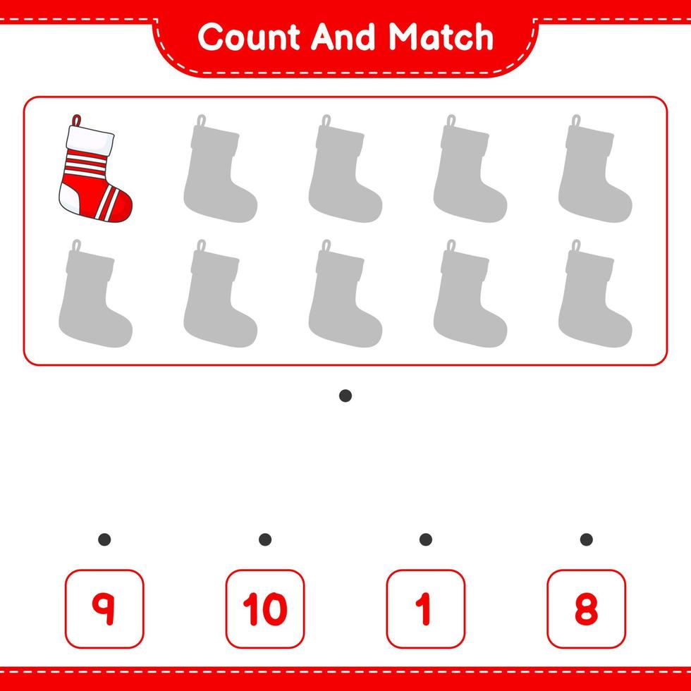 Count and match, count the number of Christmas Sock and match with the right numbers. Educational children game, printable worksheet, vector illustration