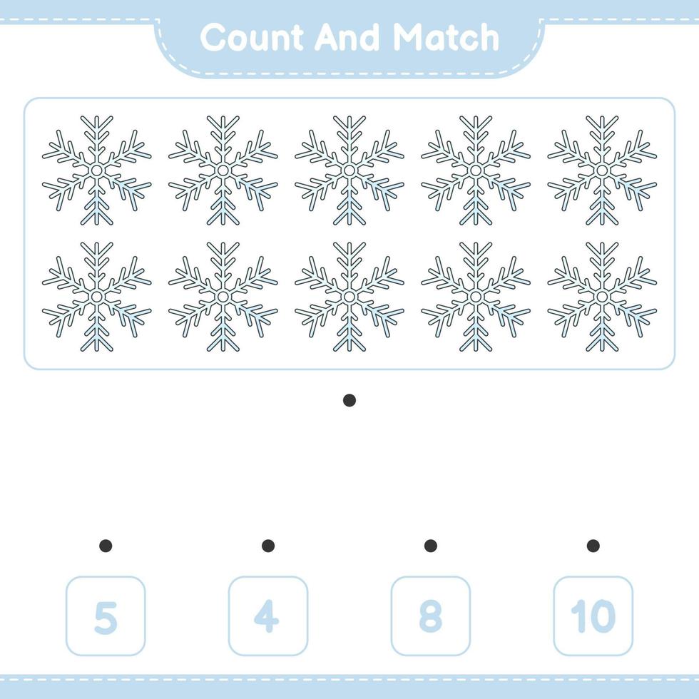 Count and match, count the number of Snowflake and match with the right numbers. Educational children game, printable worksheet, vector illustration