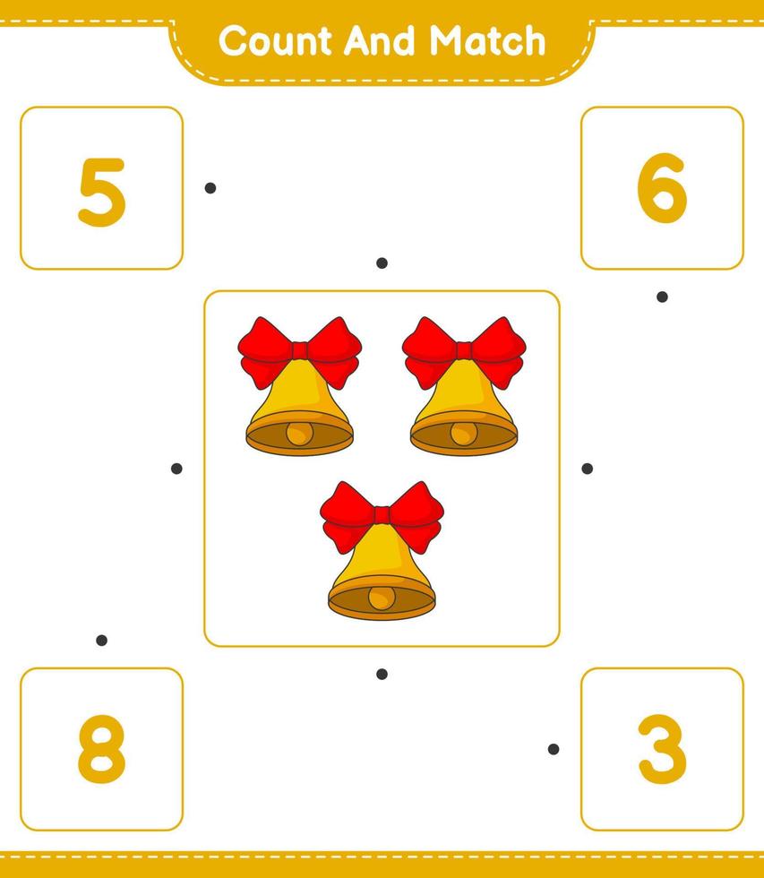 Count and match, count the number of Christmas Bell and match with the right numbers. Educational children game, printable worksheet, vector illustration