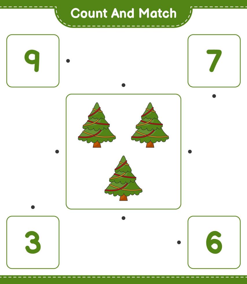 Count and match, count the number of Christmas Tree and match with the right numbers. Educational children game, printable worksheet, vector illustration