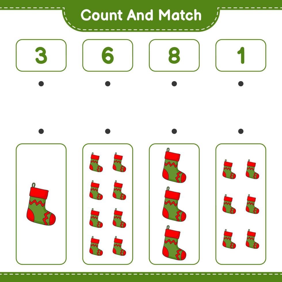 Count and match, count the number of Christmas Sock and match with the right numbers. Educational children game, printable worksheet, vector illustration