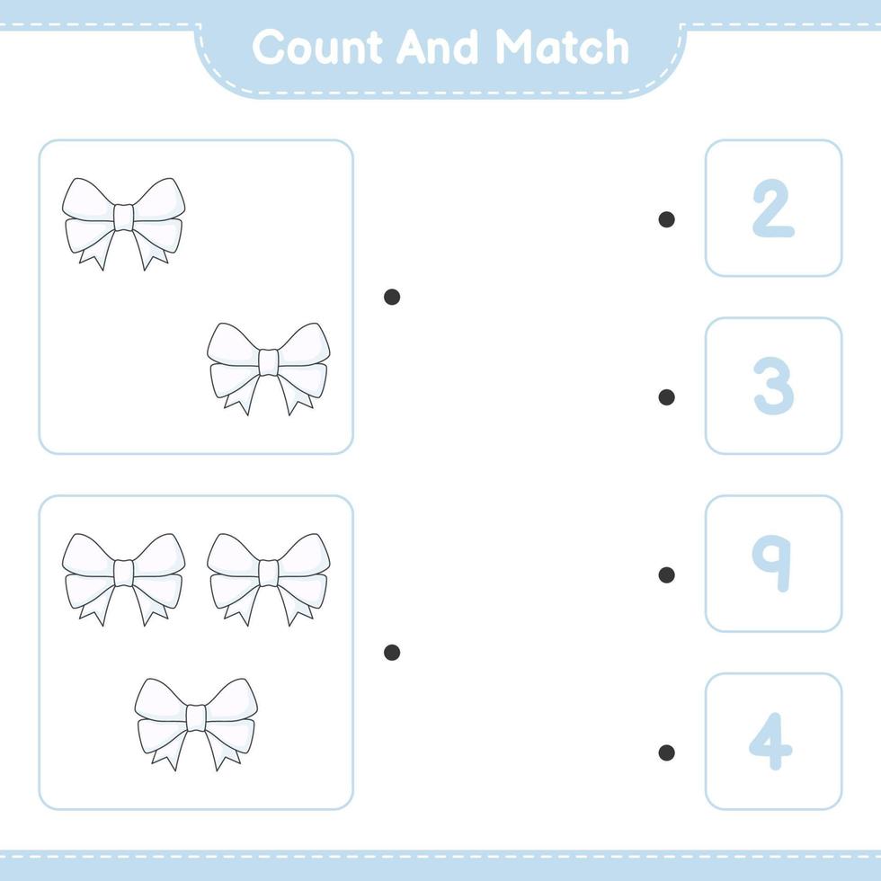 Count and match, count the number of Ribbon and match with the right numbers. Educational children game, printable worksheet, vector illustration