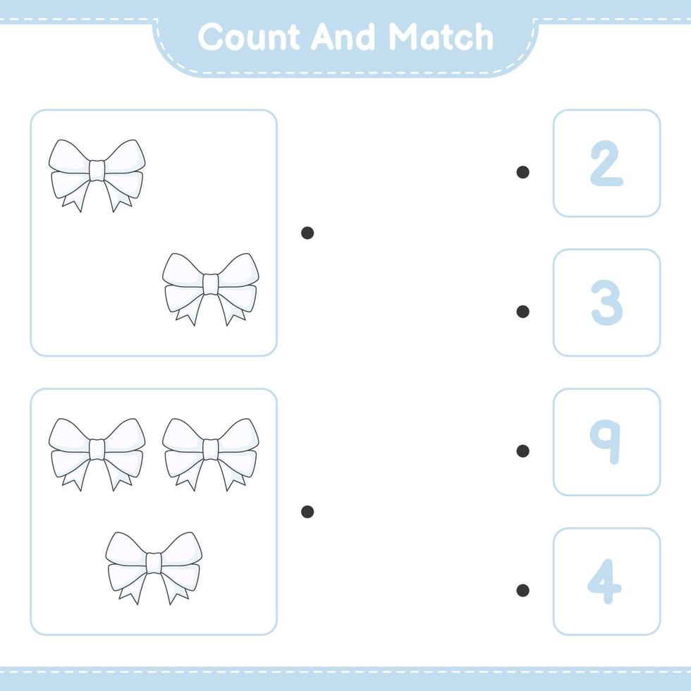 cuenta y empareja, cuenta el número de cintas y empareja con los números correctos. juego educativo para niños, hoja de cálculo imprimible, ilustración vectorial vector