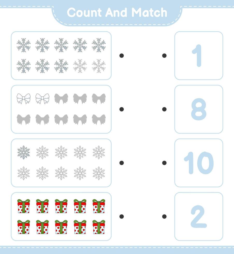 Count and match, count the number of Ribbon, Snowflake, Gift Box and match with the right numbers. Educational children game, printable worksheet, vector illustration